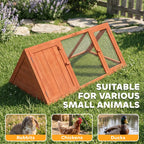 Orange wooden small-animal hutch with mesh panels and hinged door