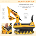 Yellow ride-on excavator toy with open seat panel for storage