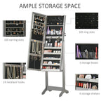 Grey jewellery cabinet with open storage compartments, shelves, and jewelry organization