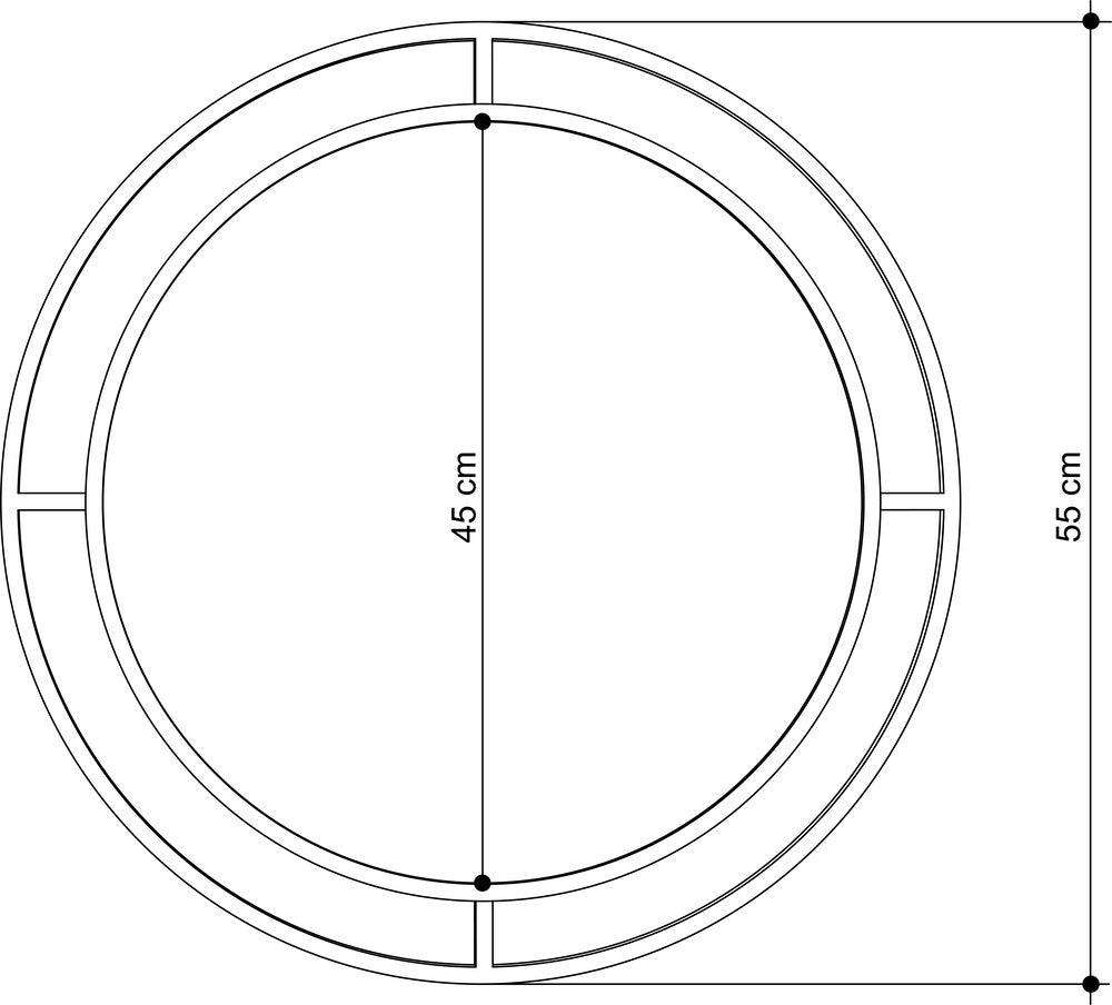 Wall mirror dimension diagram: round frame, 45 cm wide, 55 cm high