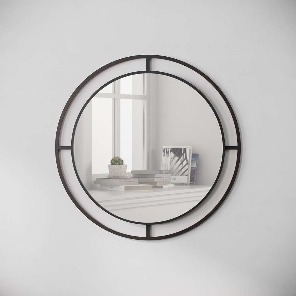 Wall mirror with black round frame and segmented geometric bars, reflective glass center.