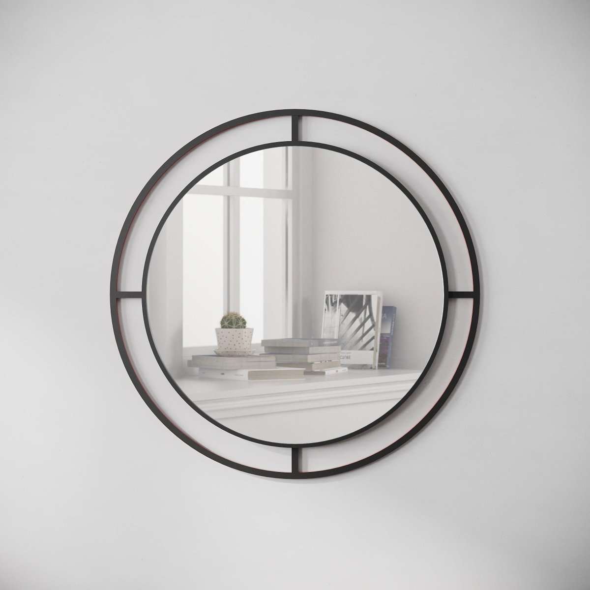 Wall mirror with black round frame and segmented geometric bars, reflective glass center.