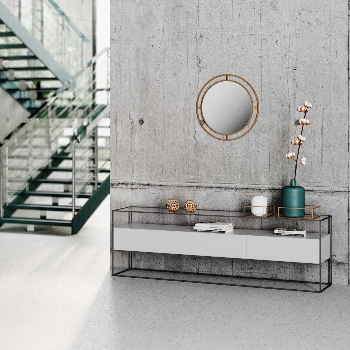 Round wall mirror with gold concentric ring frame