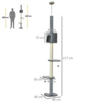 Light grey floor-to-ceiling cat tree showing top platform, condo, and hanging balls