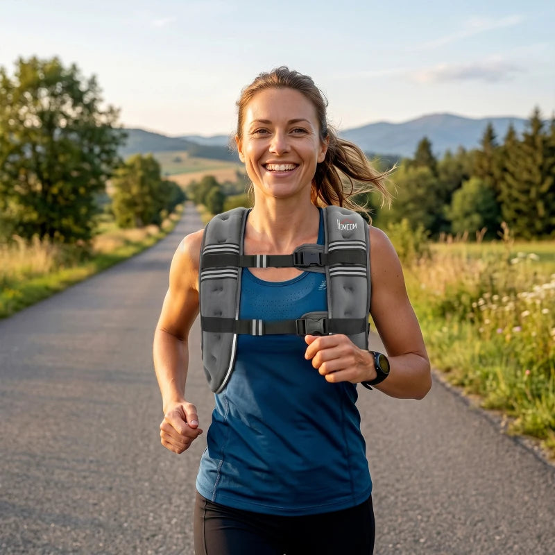 Grey weighted vest on runner, front straps and reflective bands