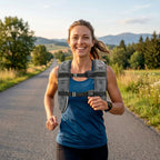Grey weighted vest on runner, front straps and reflective bands