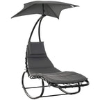 Grey rocking chaise lounge with canopy, padded seat, and headrest pillow