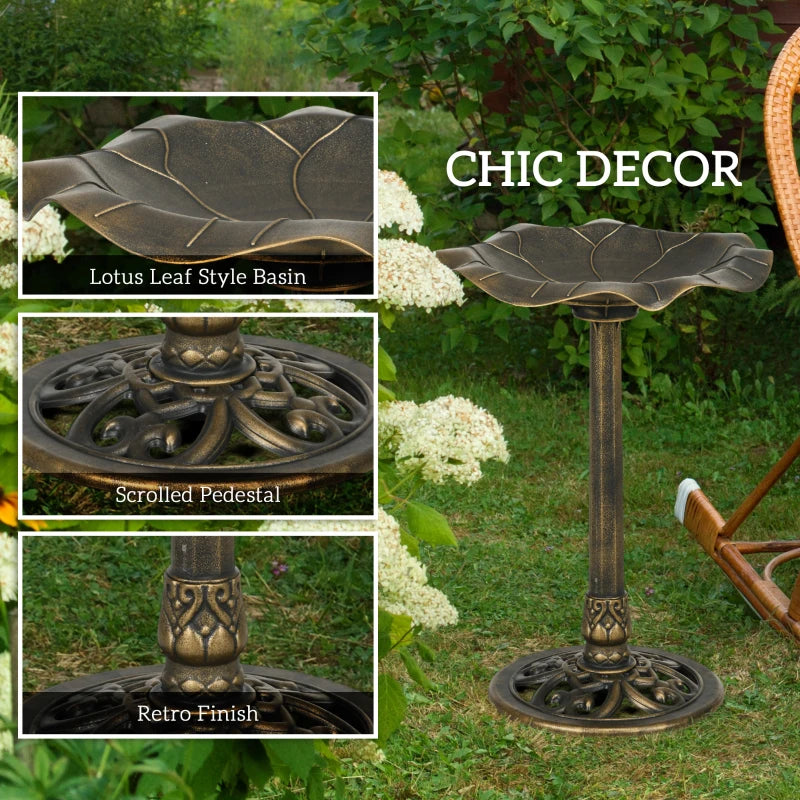 Bronze-tone standing bird bath with lotus leaf basin and decorative pedestal