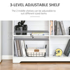 White bookcase display unit with open shelves and cubby compartments for books and decor.
