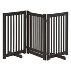 Freestanding foldable dog gate with dark brown vertical bars and hinged frame