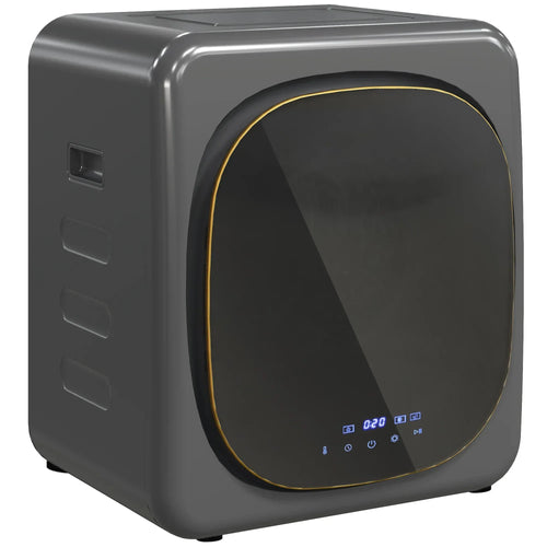 Grey compact front-load tumble dryer with round door and illuminated control panel