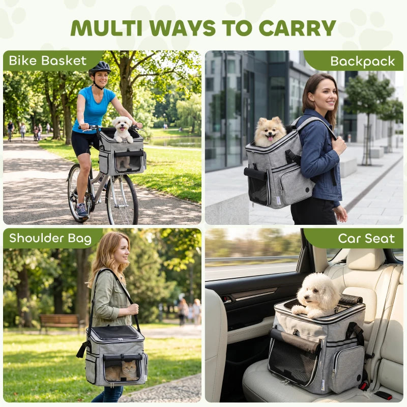 Light grey dog bike basket with top carry handle and front mesh panels