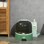 Green enclosed cat litter box with dome lid, ramp platform, and scoop holder