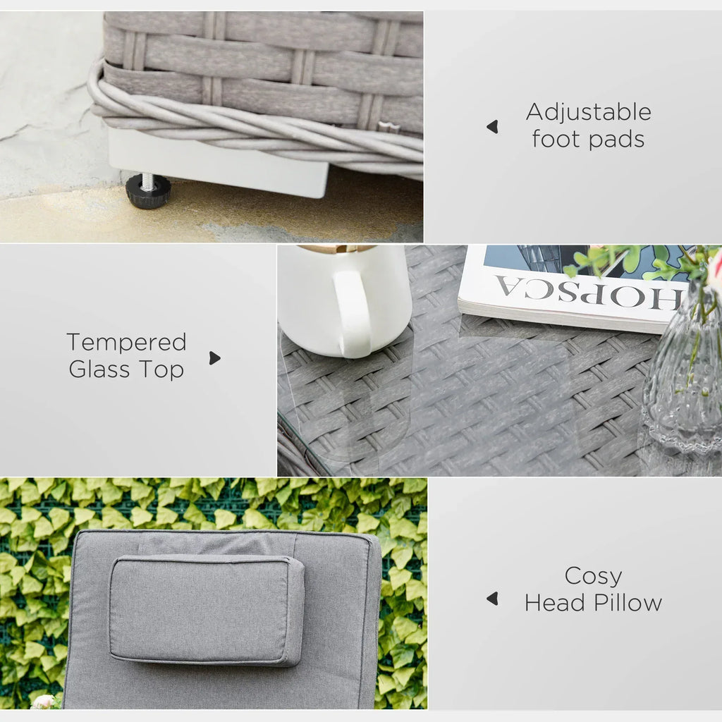 3 Pieces Rattan Sun Lounger Set with Aluminium Frame, 5-Position Adjustable Reclining Garden Chairs and Glass Top Table, Wicker Garden Furniture Daybed with Cushions for Patio, Grey - Bobobiy