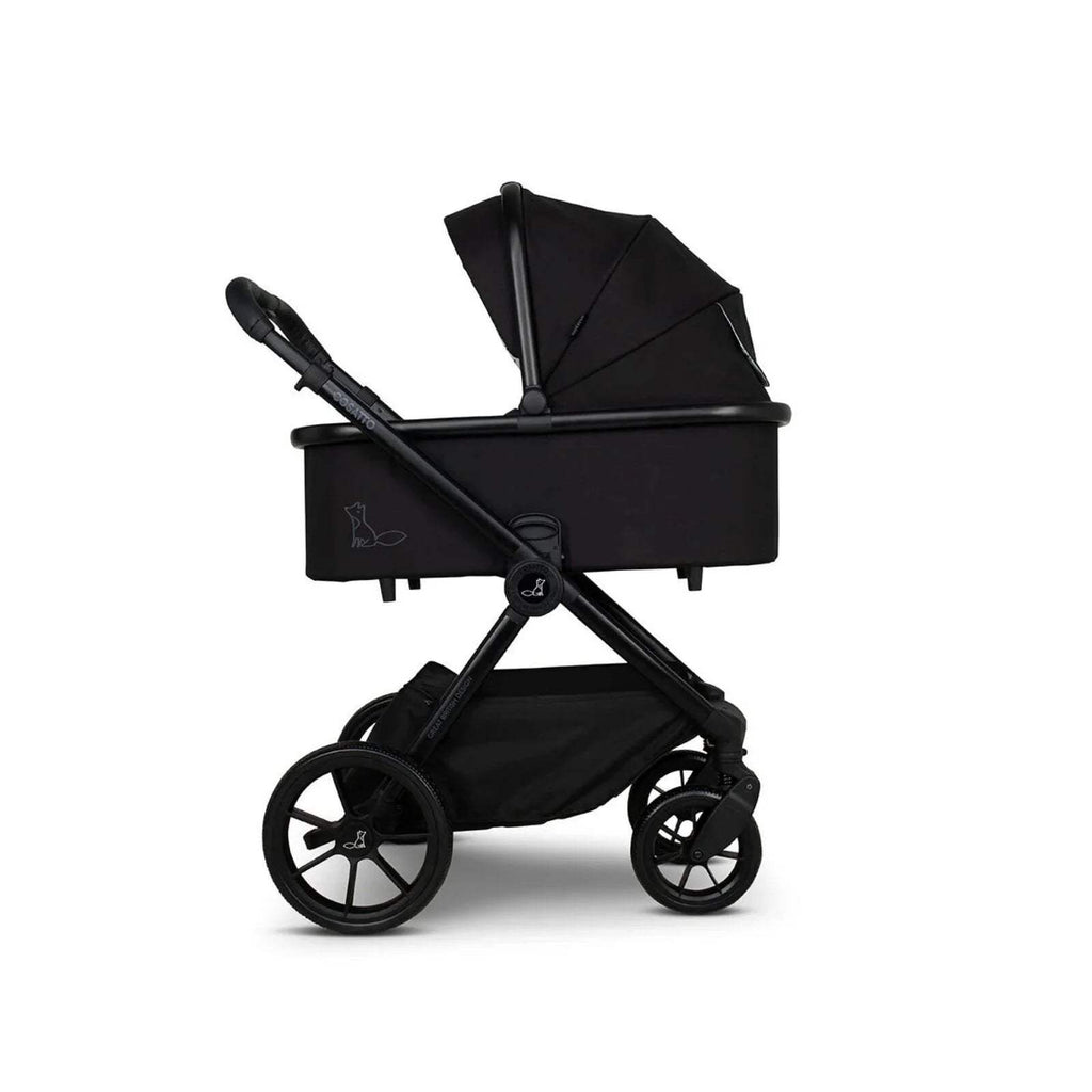Black stroller frame with seat and canopy, front and rear wheels visible
