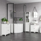 White floor-standing bathroom vanity cabinet with doors for countertop sink storage.
