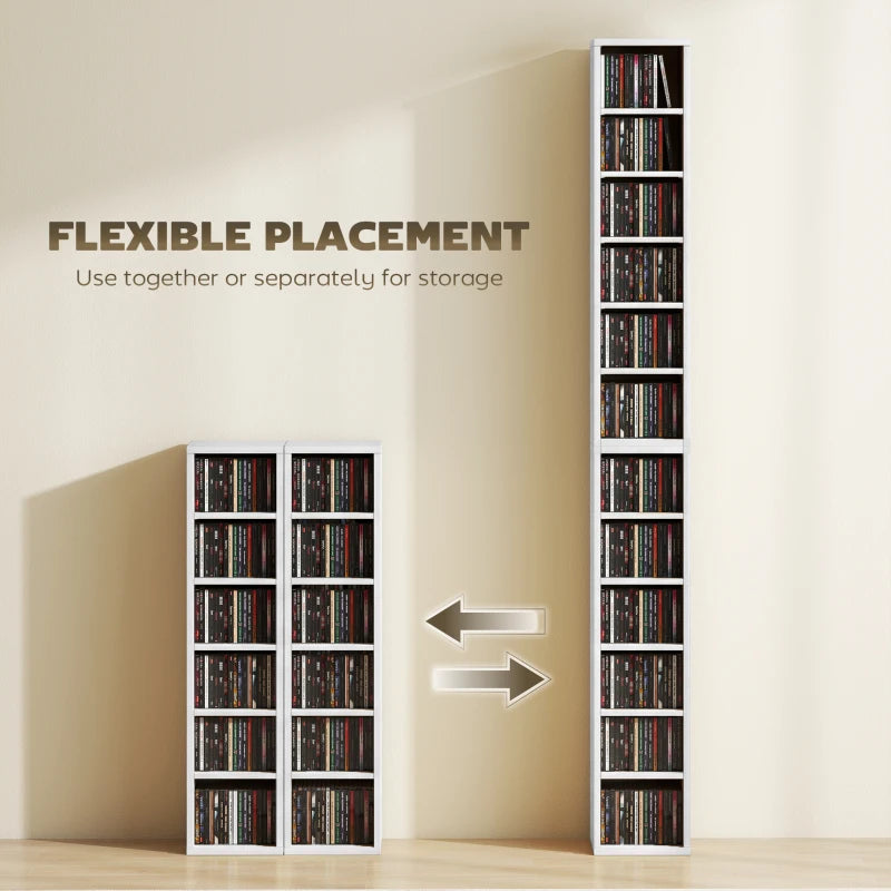 White CD media display towers, shown side by side for flexible storage
