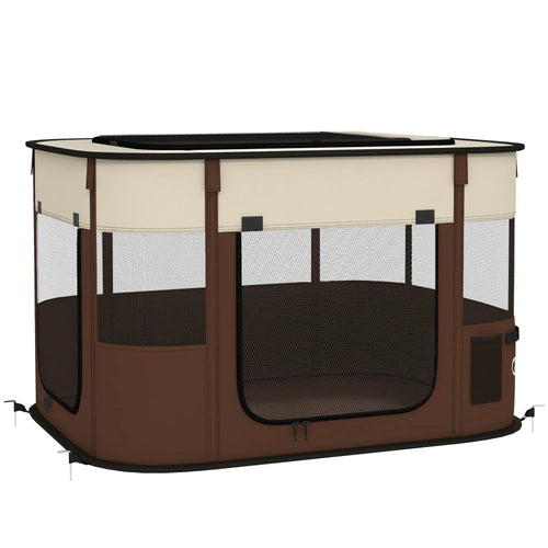 Brown foldable dog pen with mesh sides, removable top, and front zip door