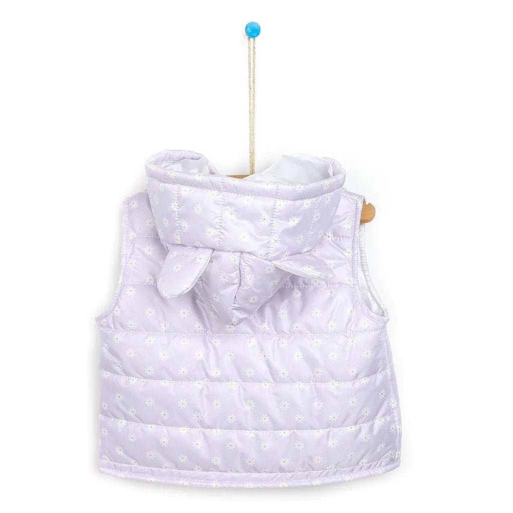 Lilac hooded baby vest with daisy print, front bow, and full-length zipper