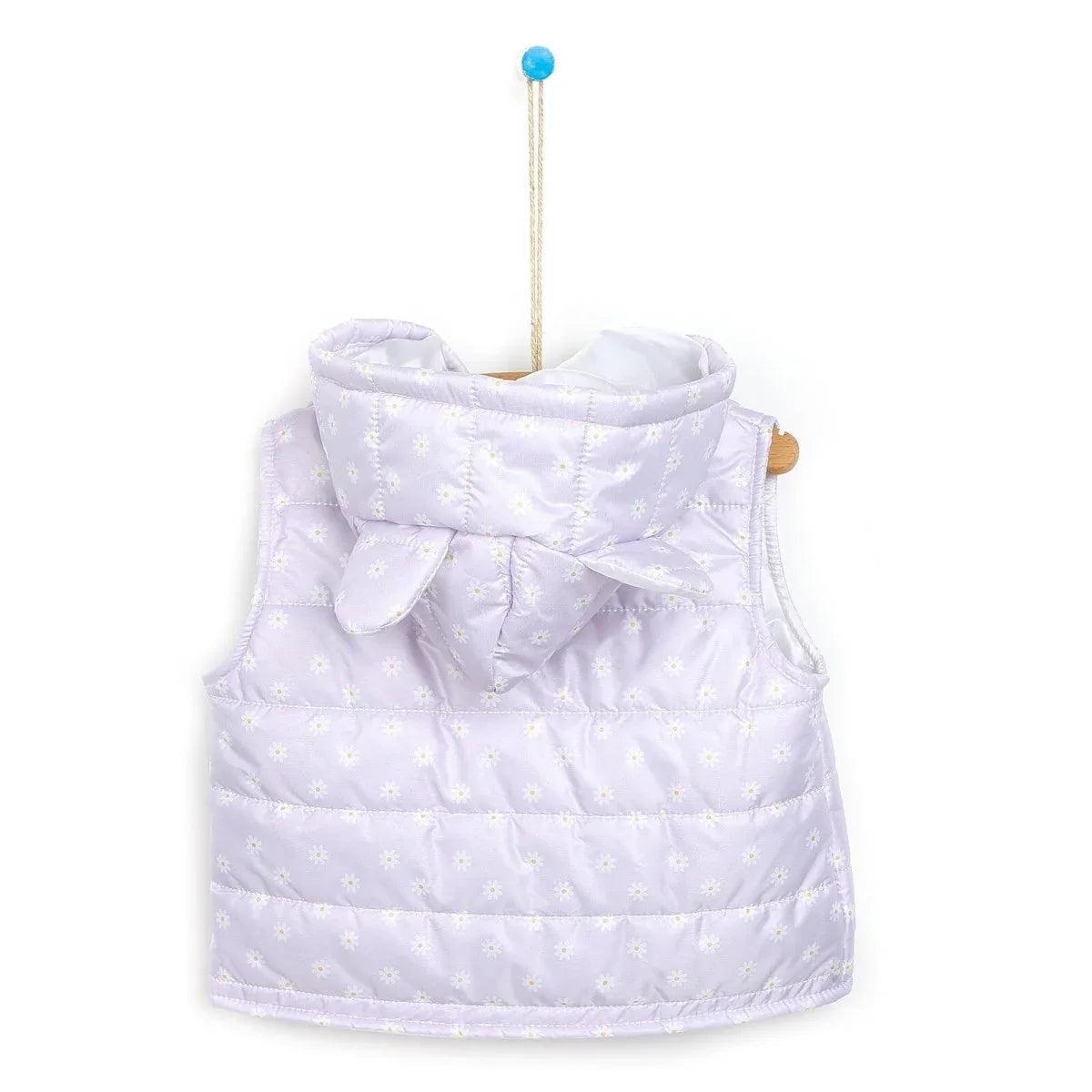 Lilac hooded baby vest with daisy print, front bow, and full-length zipper