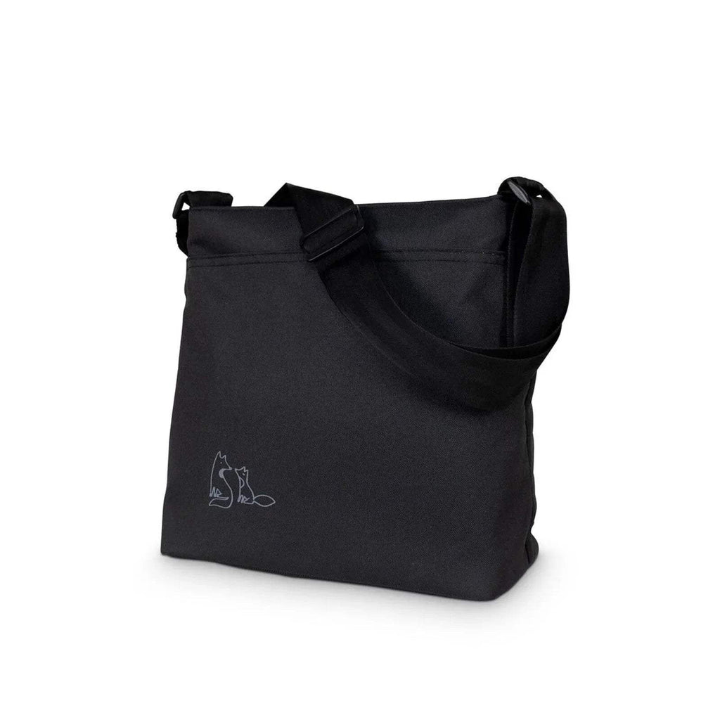 Black fabric tote bag with top handles and fox icon logo