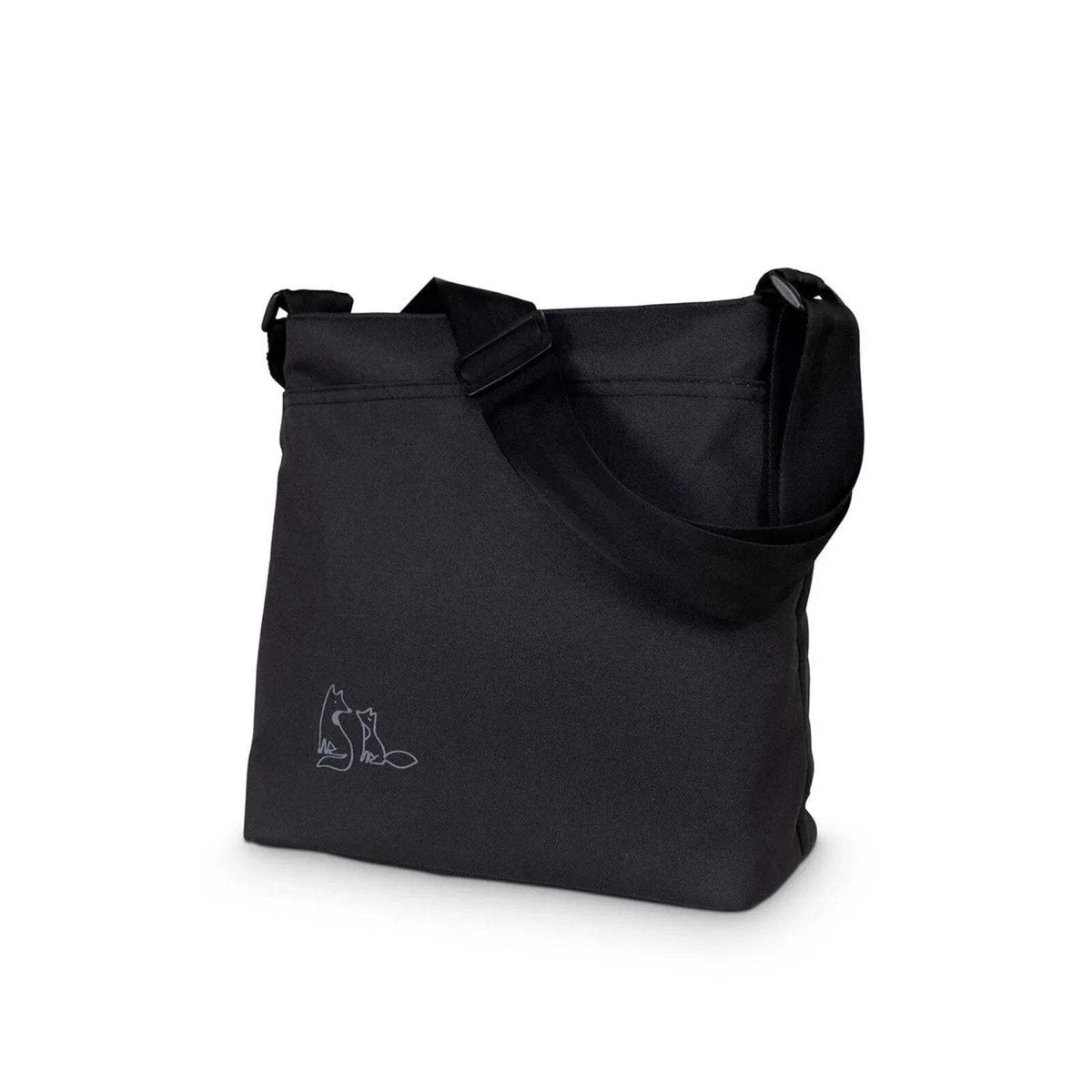 Black fabric tote bag with top handles and fox icon logo