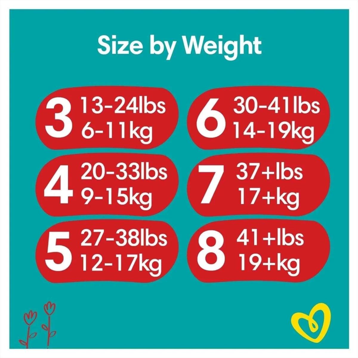 Baby-Dry pants size-by-weight chart for sizes 3 to 8