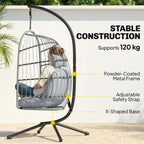 Light grey hanging egg chair with powder-coated metal frame and safety strap