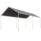 Grey heavy-duty carport canopy, open sides, black roof panels, galvanized steel frame