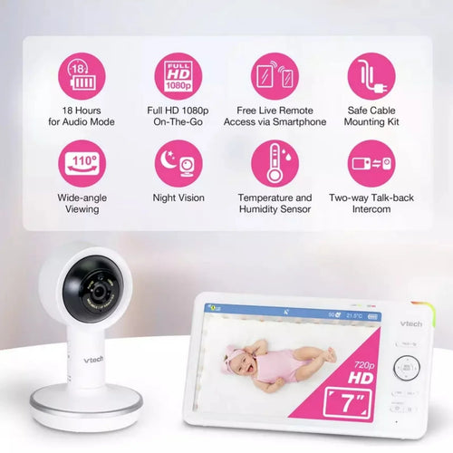 VTech Wi‑Fi baby monitor with 7-inch tablet screen and white indoor camera on base
