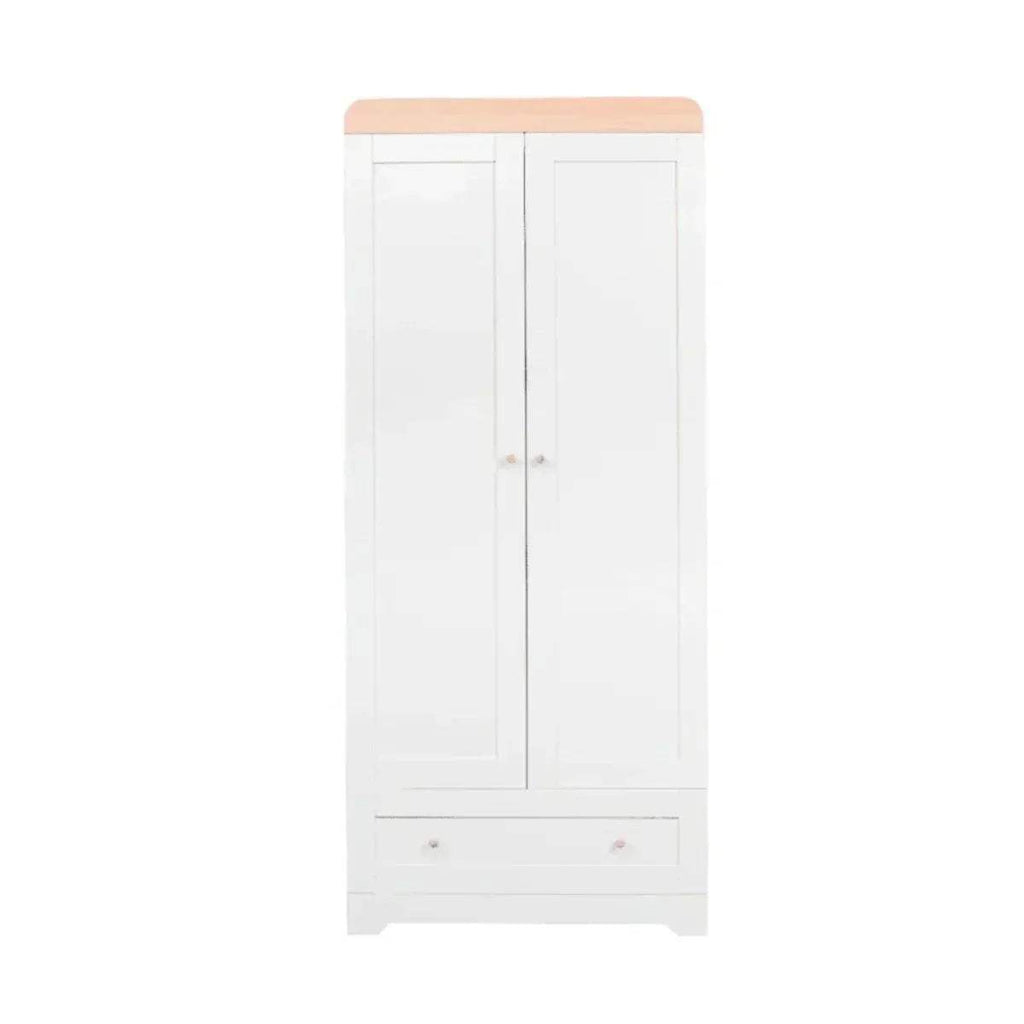 White two-door wardrobe with oak top and lower drawer