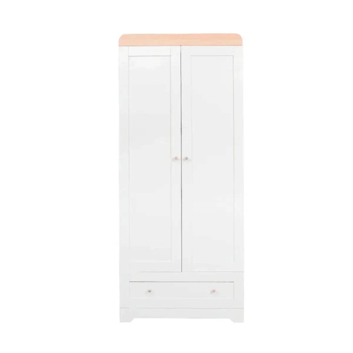 White two-door wardrobe with oak top and lower drawer
