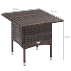 Brown woven rattan-style side table with square top, side label, and 4 legs