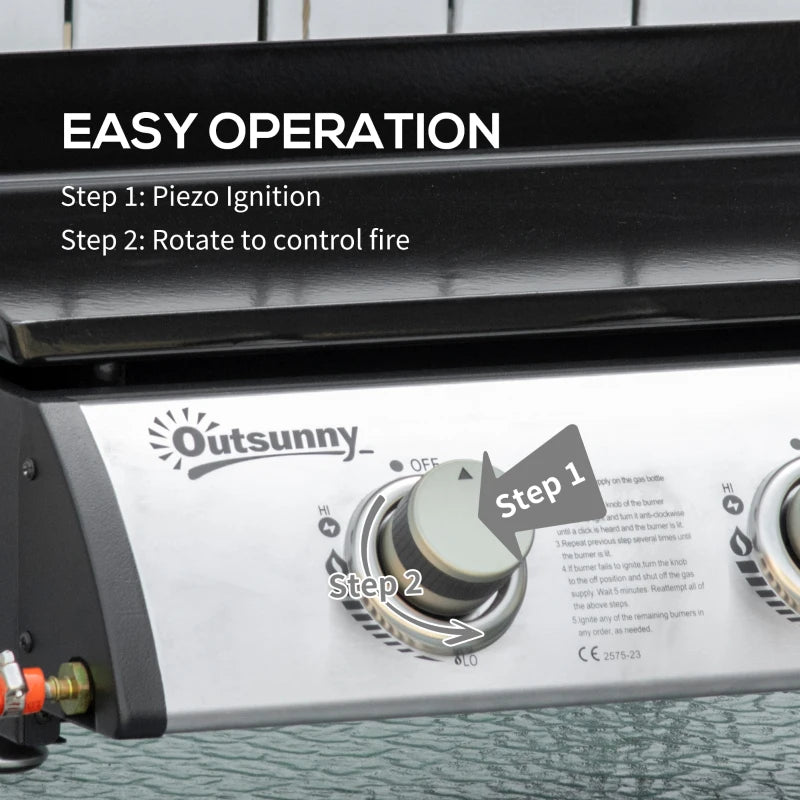 Tabletop gas griddle grill control panel with three rotary knobs and ignition area