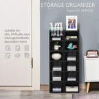 Black storage organizer cabinet with open media compartments and partitioned shelves