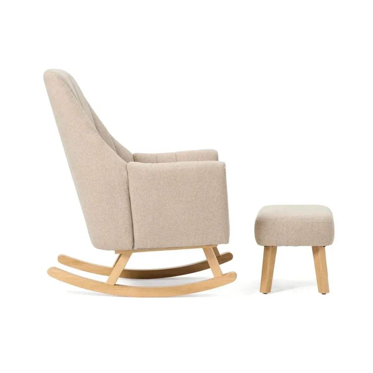 Stone rocking chair with matching foot stool and curved wooden rocker base.