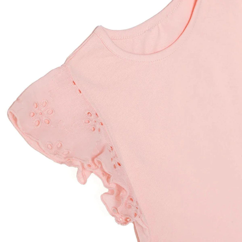 Powder pink short-sleeve jersey baby top with eyelet ruffle cuff