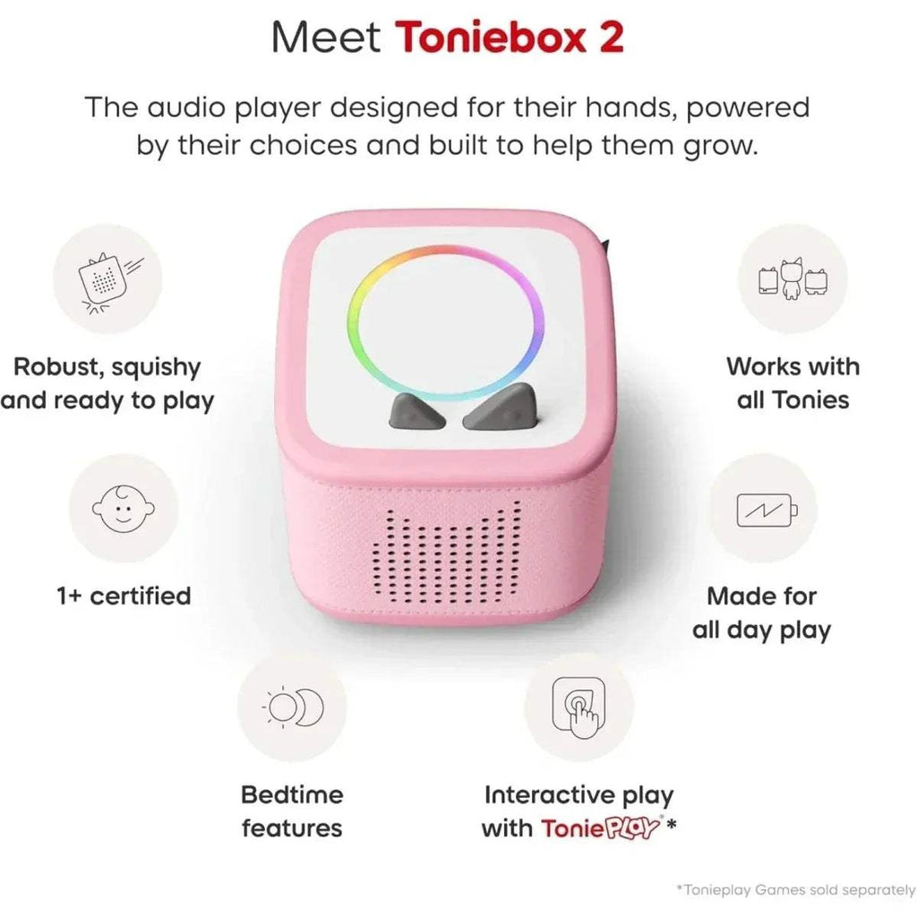 Pink Toniebox 2 audio player with glowing multi-color ring on top