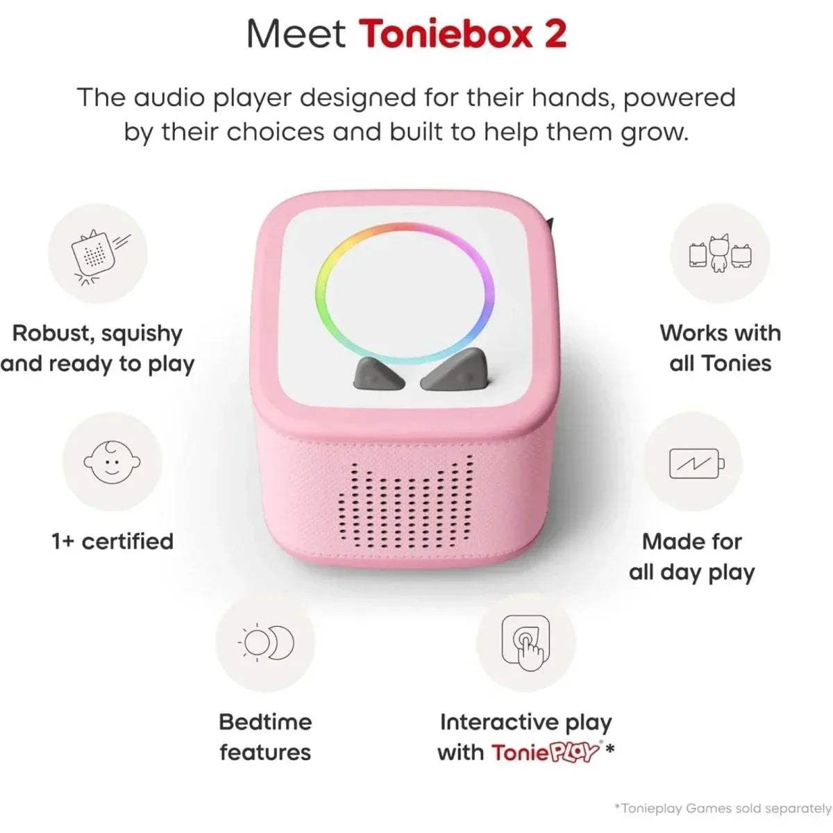 Pink Toniebox 2 audio player with glowing multi-color ring on top