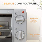 Silver mini oven control panel with Power, temperature, and timer knobs.