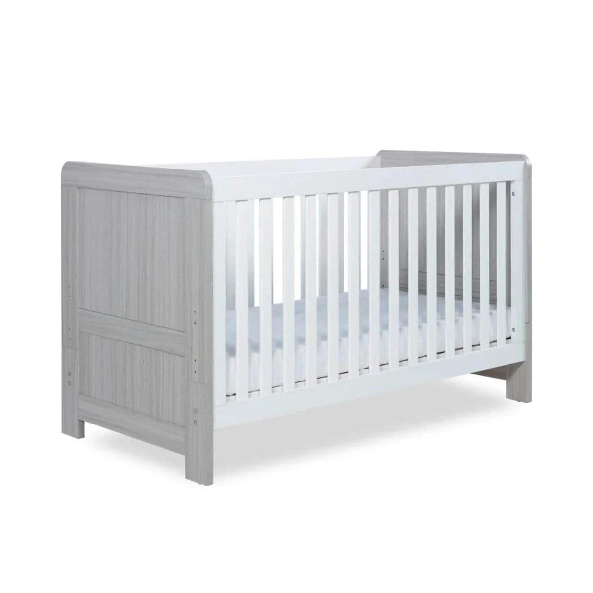 Ash grey cot bed with white vertical slats and solid end panels