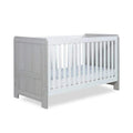 Cot bed frame in ash grey with white vertical slats, no mattress included.