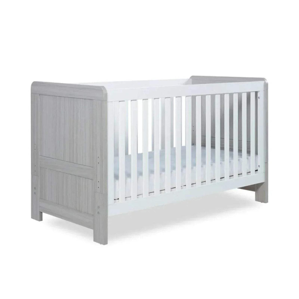 Cot bed frame in ash grey with white vertical slats, no mattress included.