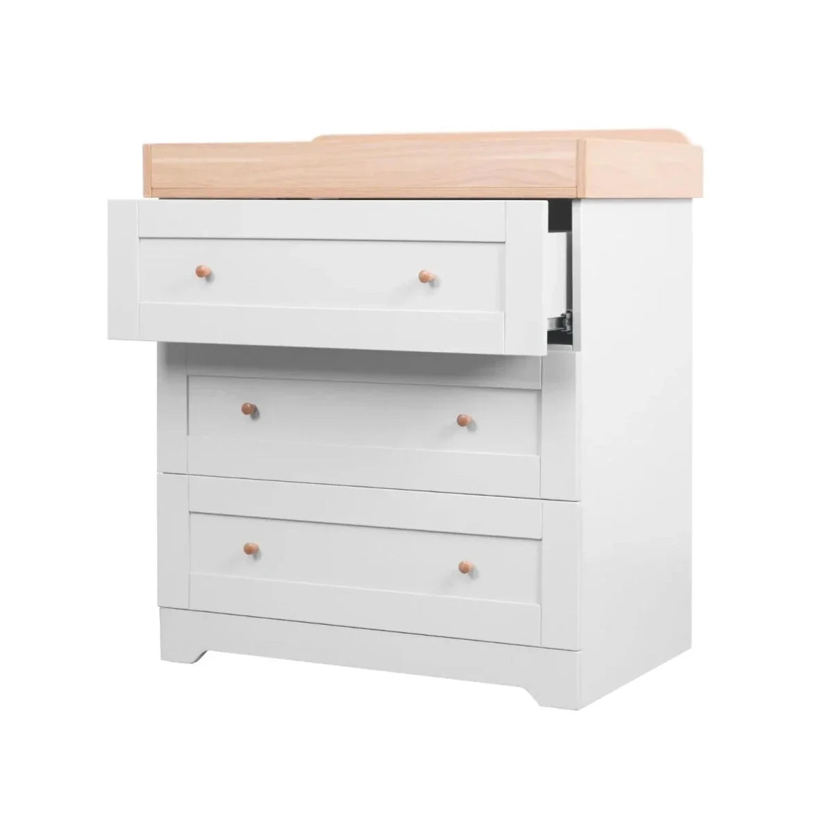 White baby dresser with four drawers, honey oak top and round wooden knobs