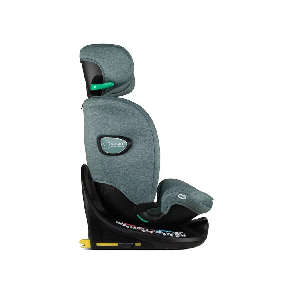 Meadow green car seat with headrest and padded insert, side view