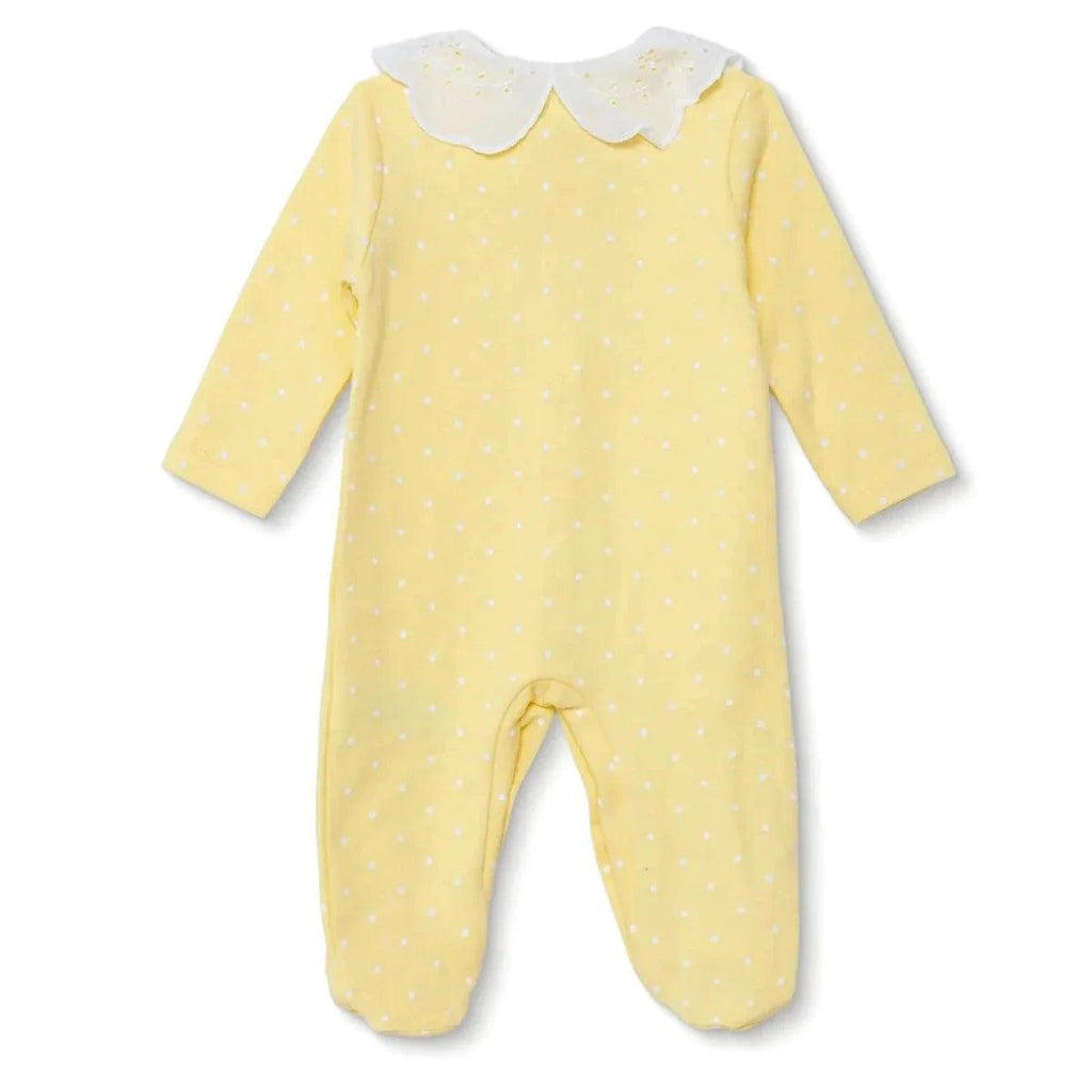 Yellow polka-dot long-sleeve baby sleepsuit with footies and back snap closure