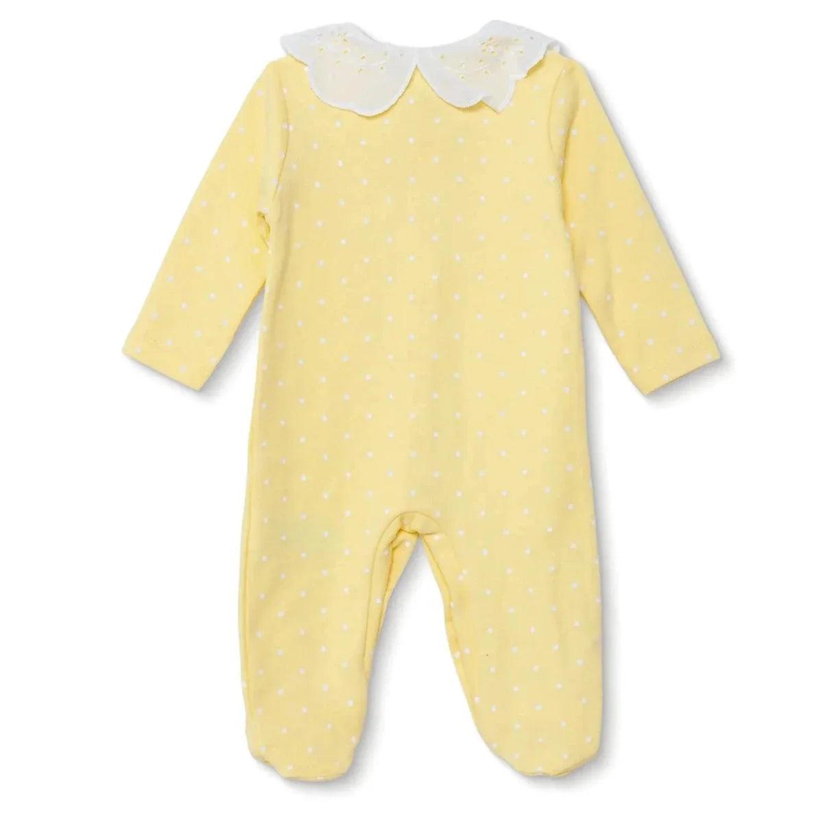 Yellow polka-dot long-sleeve baby sleepsuit with footies and back snap closure