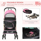 Pink and black foldable pet stroller with detachable carry bag and compact frame design
