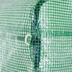 Green greenhouse tent mesh panel with tied attachment and reinforced edge stitching