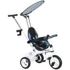 Blue kids tricycle with 5-point harness, removable canopy, and black safety guard